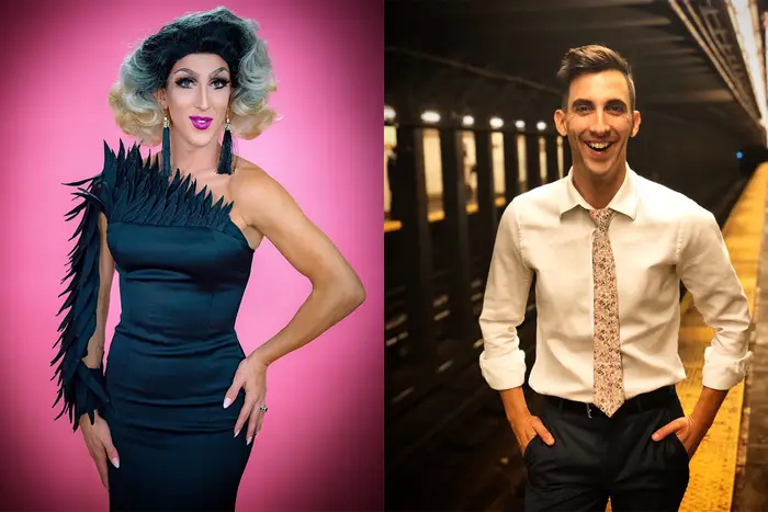 Two photos of Marti Allen-Cummings—one dressed in drag and the other of them dressed in a shirt and tie.